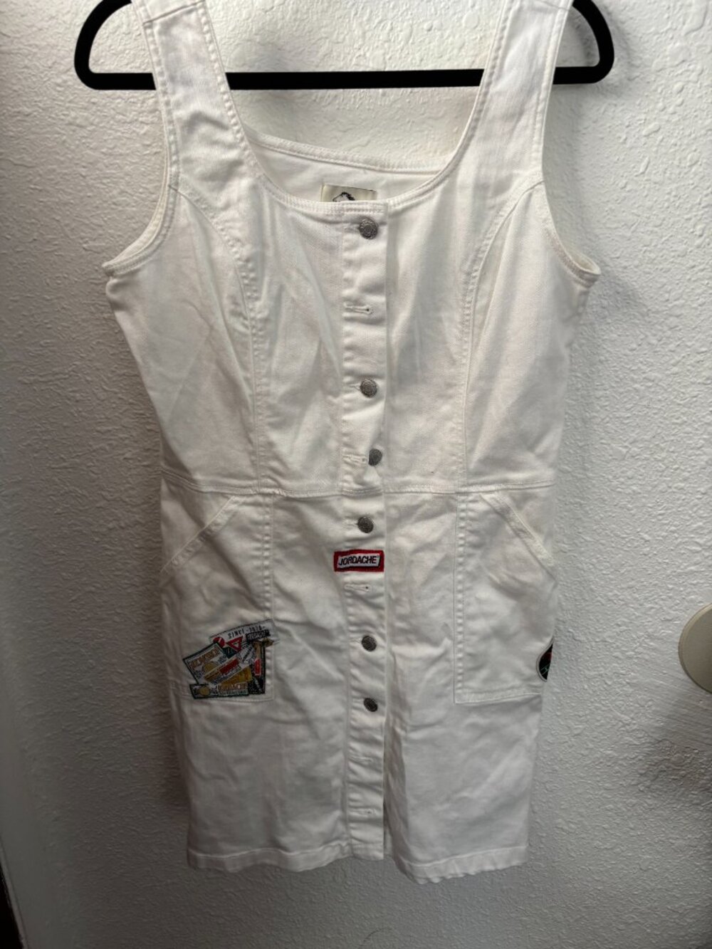 Jordache Camie Utility White Denim Mini Jumper Dress L Racing Patch Y2K